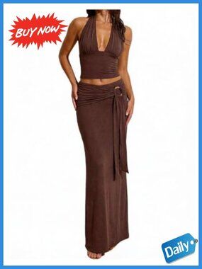 Verdusa 2 Piece Crop Halter Top Maxi Skirt Set High Stretch Festival